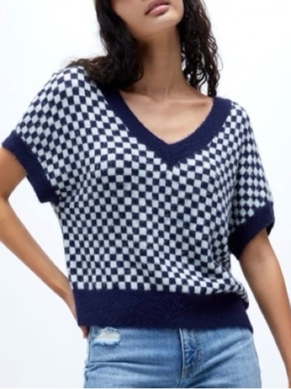 Free People Through The Motions Checkered Sweater Vest Navy/White Size M